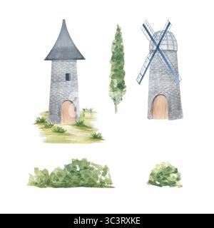 Tours de pierre, moulin à vent, cyprès, buissons, et village aquarelle au sol herbeux ensemble isolé sur blanc. Parfait pour les scènes de conte de fées, les enfants Banque D'Images