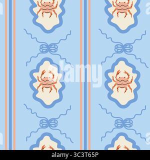 Motif nautique vintage avec des crabes sur fond bleu. Illustration de Vecteur