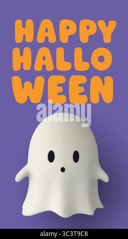 Affiche mignonne d'Halloween avec un fantôme de dessin animé 3D sur un fond violet et une typographie audacieuse. Parfait pour les salutations saisonnières, les flyers de fête, les invitations Illustration de Vecteur