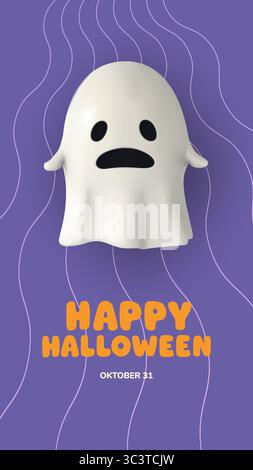 Affiche d'Halloween avec un fantôme de dessin animé triste sur un fond ondulé violet. Caractère 3D effrayant et mignon avec un design minimaliste. Idéal pour la saison Illustration de Vecteur