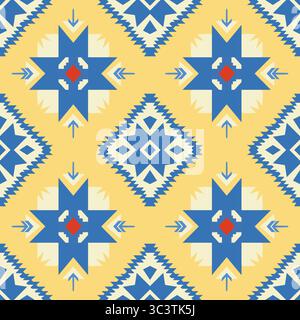 Tissu tribal indigène avec un motif sans couture ethnique de forme carrée et triangulaire géométrique, conçu pour les carreaux et les tapis sur fond jaune, vecteur ill Illustration de Vecteur