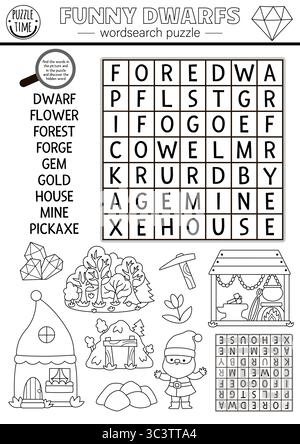 Puzzle de recherche de mots nains vectoriels pour les enfants. Quiz de recherche de mots noir et blanc avec gnome, forêt, mine, maison, gemme. Activité de mots croisés éducatifs dans les bois Illustration de Vecteur