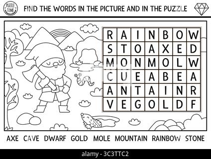 Puzzle de recherche de mots nains vectoriels pour les enfants. Quiz de recherche de mots en noir et blanc avec gnome, or, mole, hache, arc-en-ciel. Activité éducative de mots croisés, colori Illustration de Vecteur