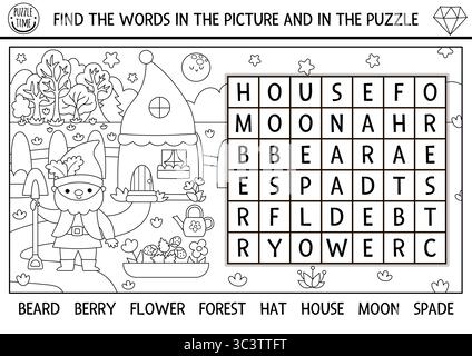 Puzzle de recherche de mots nains vectoriels pour les enfants. Quiz de recherche de mots en noir et blanc avec gnome, fleur, maison, lune. Activité éducative de mots croisés, coloriage PA Illustration de Vecteur