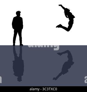 Silhouette homme debout et femme sautant avec reflets sur l'eau Illustration de Vecteur