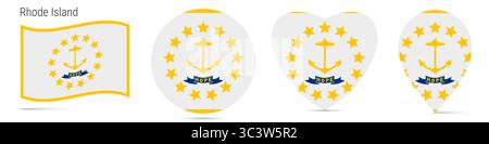 Drapeau de l'état américain de Rhode Island agitant, badge autocollant rond, icône en forme de coeur, épingle de carte. Boutons de drapeau de différentes formes. illustration isolée sur Banque D'Images