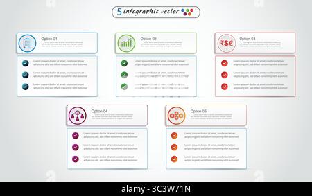 Modèle de conception infographique. Concept de chronologie avec 5 étapes avec icône. Peut être utilisé pour la mise en page de flux de travail, la présentation, le diagramme, la bannière, le vecteur Illustration de Vecteur