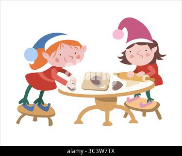Elfes faisant des biscuits dans la cuisine pour Noël. Nouvel an et vacances d'hiver. Ensemble d'illustrations d'enfants isolés sur fond blanc. Image pour Illustration de Vecteur
