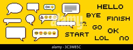 Ensemble de boîtes de dialogue de pixels de différentes formes. Bulles de dialogue de chat, cadres de message flash avec du texte ou boîte de communication de dialogue vide en 8 bits rétro sty Illustration de Vecteur