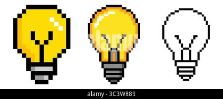 Pixel art vecteur d'ampoule 8 bits logo d'icône de lampe. Icône d'idée, pensée, concept de solution pixel art jeu de vecteur ampoule 8 bits logo d'icône de lampe. Idée IC Illustration de Vecteur