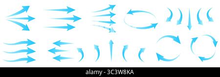 Ensemble de flèche bleue montrant le flux d'air du vent isolé sur fond blanc, panneaux de direction de l'air. Flèches de climatisation. Illustration de Vecteur