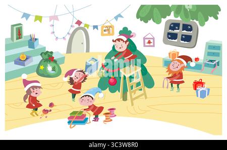 Les elfes se préparent pour Noël. Nouvel an et vacances d'hiver. Scène d'enfants pour la conception. Illustration vectorielle. Illustration de Vecteur