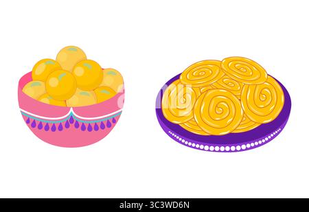 Éléments de célébration Diwali ensemble avec bonbons jalebi et laddoo dans un style plat. Illustration vectorielle Deepavali pour les projets imprimés et en ligne Illustration de Vecteur