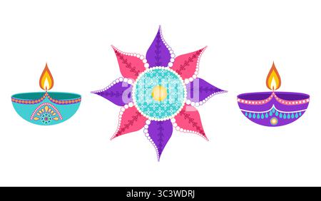 Ensemble festif de célébration Diwali avec rangoli, diyas dans un style plat. Illustration vectorielle Deepavali pour bannières, affiches et médias sociaux Illustration de Vecteur