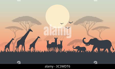Illustration vectorielle d'animaux sauvages en Afrique au coucher du soleil. Illustration de Vecteur