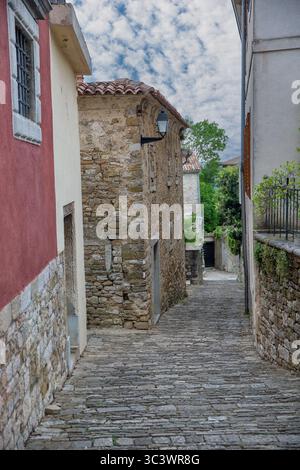 Ancienne ruelle pavée en pierre entre des bâtiments traditionnels avec des toits en terre cuite à Motovun, Croatie, avec des murs altérés, lampadaire et gre luxuriant Banque D'Images