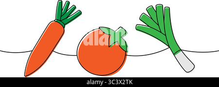 Carotte, tomate, oignons de printemps une ligne colorée dessin continu. Légumes biologiques frais. Illustration vectorielle Illustration de Vecteur