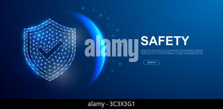 Shield with check mark 3d polygonal symbol for website template. Low poly cyber security illustration. Internet safety design illustration concept. Illustration de Vecteur