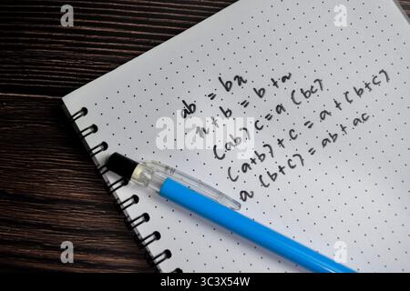 Concept d'opération mathématique de base écrire sur le livre isolé sur la table en bois. Banque D'Images