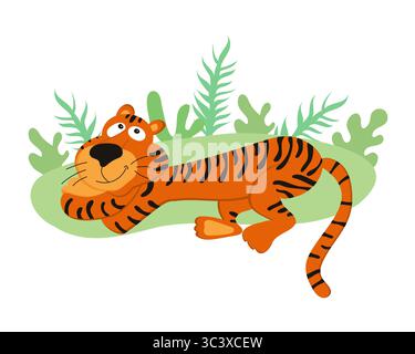 Mignon tigre de bande dessinée se trouve dans les feuilles. Illustration de caractères vectoriels. Illustration de Vecteur