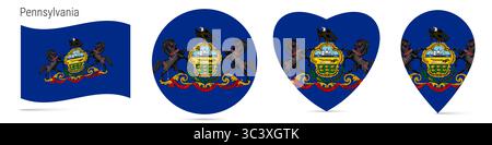 Pennsylvanie État américain agitant drapeau, badge autocollant rond cercle, icône en forme de coeur, épingle de carte. Boutons de drapeau de différentes formes. illustration isolée sur Banque D'Images