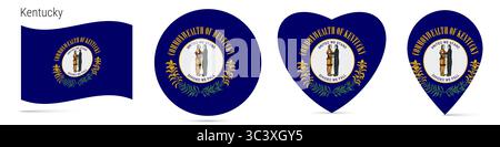 Drapeau agitant de l'état américain du Kentucky, badge autocollant circulaire rond, icône en forme de coeur, épingle de carte. Boutons de drapeau de différentes formes. illustration isolée sur whit Banque D'Images