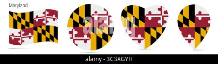 Drapeau agitant de l'état du Maryland, badge autocollant circulaire rond, icône en forme de coeur, épingle de carte. Boutons de drapeau de différentes formes. illustration isolée sur whit Banque D'Images