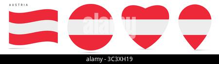 Drapeau autrichien agitant, badge autocollant circulaire rond, icône en forme de coeur, épingle de carte. Boutons de drapeau autrichien de différentes formes. illustration isolée sur blanc Banque D'Images