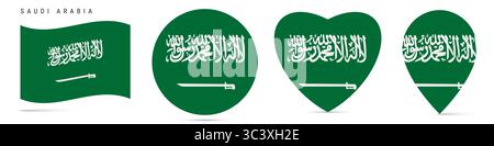 Arabie saoudite agitant drapeau, badge autocollant rond cercle, icône en forme de coeur, épingle de carte. Boutons de drapeau saoudien de différentes formes. illustration isoler Banque D'Images