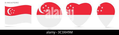 Drapeau de Singapour agitant, badge autocollant circulaire rond, icône en forme de coeur, épingle de carte. Boutons de drapeau singapourien de différentes formes. illustration isolée sur Banque D'Images