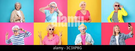 Femmes âgées, ensemble de portraits sur différents fonds de couleurs Banque D'Images