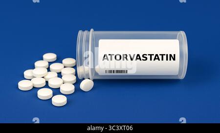 Boîte de comprimés D'ATORVASTATINE placés sur une table, en pharmacie hospitalière – médicament utilisé pour diminuer le cholestérol et réduire le risque cardiovasculaire. Plastique Banque D'Images
