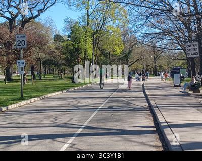 Toronto, ON, Canada – 2 mai 2024 : les gens marchent, font du vélo et se détendent le long d’un chemin bordée d’arbres à sens unique pendant un après-midi ensoleillé de printemps dans la ville. Banque D'Images