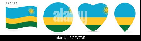 Rwanda agitant le drapeau, cercle rond autocollant badge, icône en forme de coeur, épingle de carte. Boutons de drapeau rwandais de différentes formes. Illustration vectorielle isolée sur Illustration de Vecteur