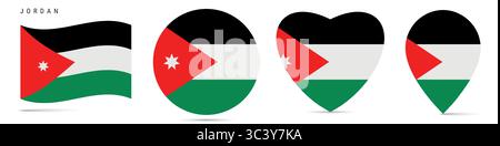 Jordan agitant drapeau, badge autocollant rond, icône en forme de coeur, épingle de carte. Royaume hachémite de Jordanie boutons de drapeau de différentes formes. Vecteur illus Illustration de Vecteur