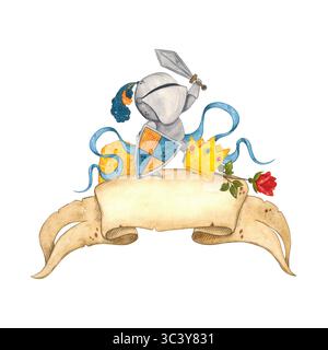 Chevalier avec épée et bouclier sur le fond de ruban de vieux parchemin, à côté de la couronne, drapeau, rose rouge et rubans bleus. Illustration aquarelle Banque D'Images