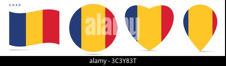Chad agitant drapeau, badge autocollant rond cercle, icône en forme de coeur, épingle de carte. Boutons de drapeau tchadien de différentes formes. Illustration vectorielle isolée sur wh Illustration de Vecteur