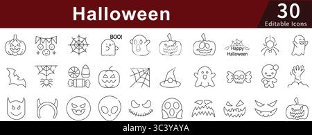 Icônes de ligne modifiables d'Halloween définies pour Spooky, Horror, Scary et octobre Holiday Celebration Illustration de Vecteur