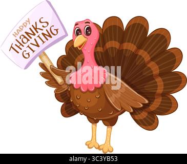 Une dinde de dessin animé mignonne tenant un signe Happy Thanksgiving, avec des couleurs vives et une expression joyeuse, parfait pour des motifs festifs. Illustration de Vecteur
