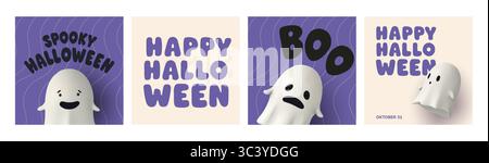 Ensemble de posters carrés d'Halloween avec fantômes de bande dessinée 3D avec un texte amusant comme Spooky Halloween et Bouh. Design mignon et festif pour les médias sociaux, les flyers Illustration de Vecteur