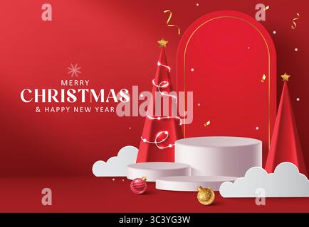 Joyeux Noël et bonne année podium bannière Papercut template clip multivector illustration Illustration de Vecteur