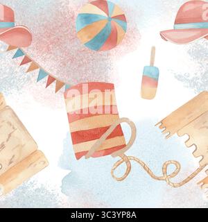 Motif aquarelle sans couture sur le thème de la plage avec sac rayé, ballon de plage, popsicle, chapeaux de soleil et flocons d'avoine sur un fond pastel texturé. Idéal pour summe Banque D'Images