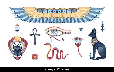 Ensemble avec des symboles égyptiens, icônes de religion antique. Bastet, scarabée, ailes, oeil d'Horus, Ankh, serpent, figures géométriques, lotus abstrait Banque D'Images