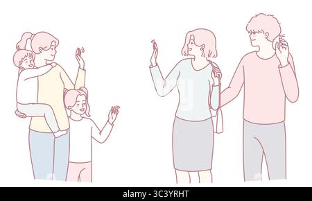 Une illustration montre des membres de la famille utilisant des smartphones, mettant en évidence les méthodes de communication contemporaines Illustration de Vecteur