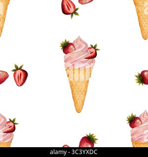 Cônes de crème glacée à la fraise et fraises entières. Illustration dessinée à la main. Motif sans couture d'aquarelle sur fond blanc. Convient aux cartes postales, emballages, textiles, papiers peints et décors Banque D'Images