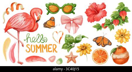 Hello Summer Set avec fleur tropicale flamant et papillon. Illustration d'aquarelle dessinée à la main avec orange et coup de pinceau. Idéal pour des vacances vives Banque D'Images