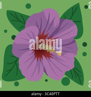 Une fleur d'hibiscus rose unique avec des feuilles vertes sur un fond vert Illustration de Vecteur