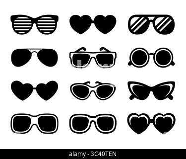 Icônes lunettes de soleil. Lunettes de soleil noires, silhouette de lunettes et icône de lunettes rétro. . Ensemble de symboles vectoriels sur fond blanc. Illustration de Vecteur