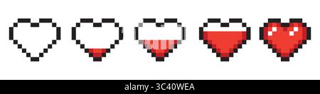 Barre de vie du jeu Pixel. Barre de cœur de santé 8 bits Vector art. Manette de jeu, jeu de symboles Illustration de Vecteur
