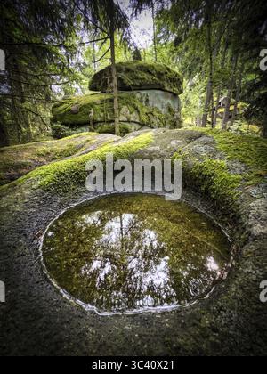 Roches couvertes de mousse avec une petite flaque d'eau dans la forêt reflétant les arbres et le ciel, Keltenstein près d'Igleinsberg, Prackenbach, Forêt bavaroise, Lo Banque D'Images